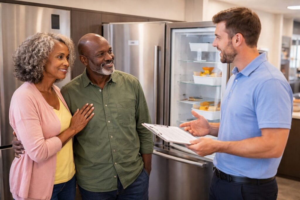 multicultural family shopping for modern kitchen appliances in bright showroom with sales associate assisting them