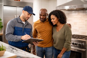 brown-skinned couple discussing appliance warranty options with a sales associate in a modern kitchen showroom