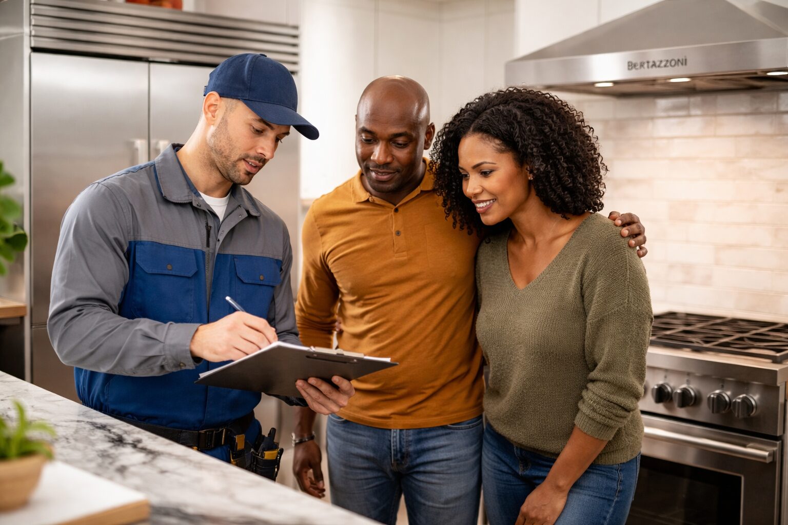 brown-skinned couple discussing appliance warranty options with a sales associate in a modern kitchen showroom