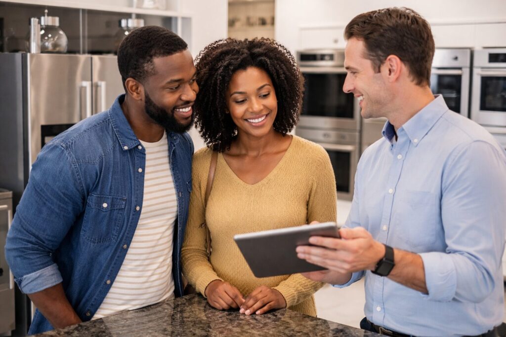 multicultural family shopping for modern kitchen appliances in a bright showroom with a sales associate assisting them