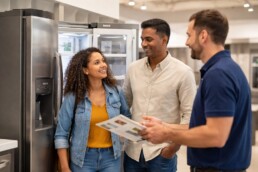 Multicultural family discussing Bosch appliance warranty options with a sales associate in a modern appliance showroom