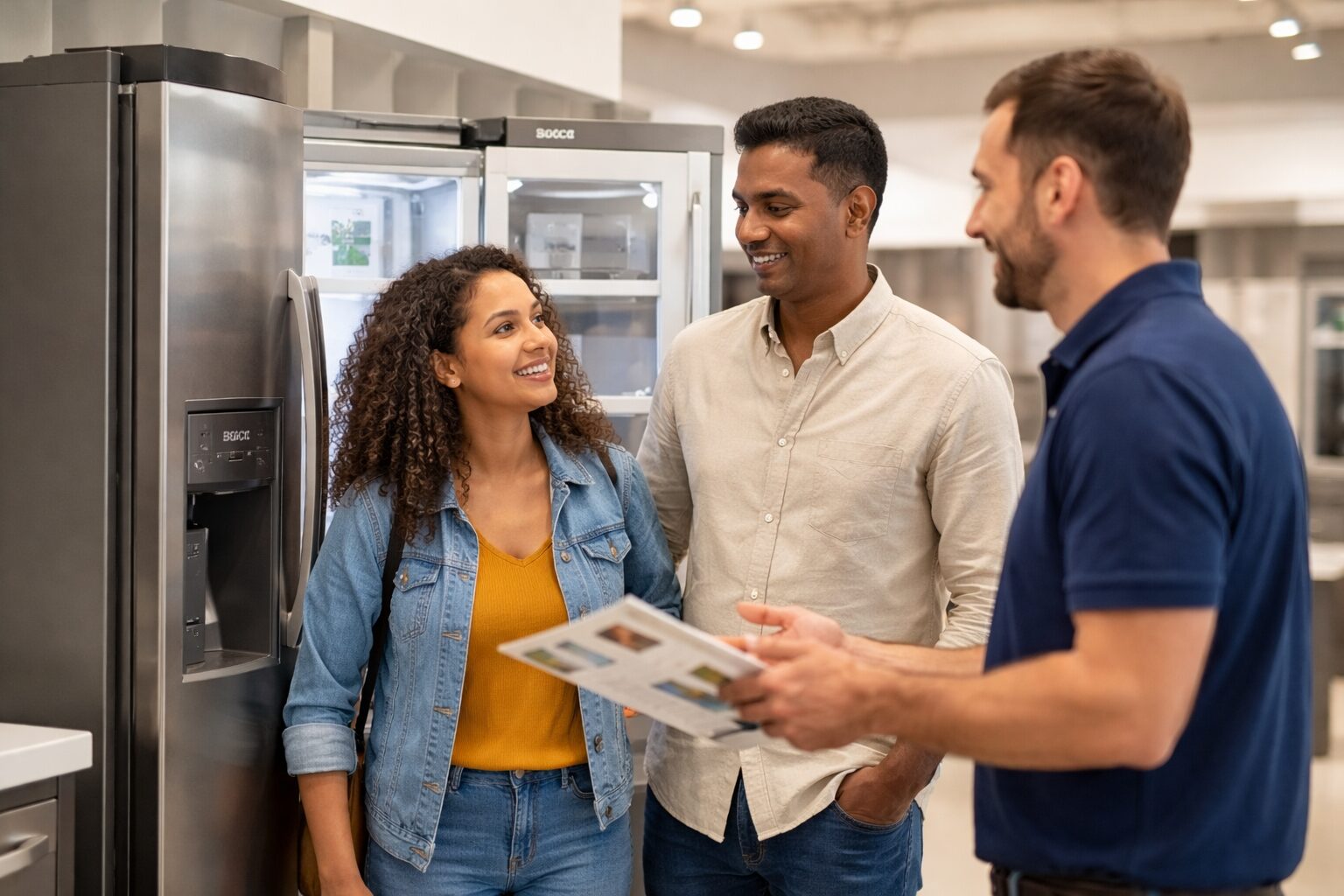 Multicultural family discussing Bosch appliance warranty options with a sales associate in a modern appliance showroom