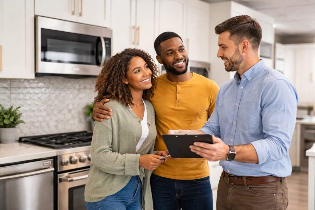 Multicultural family shopping for modern kitchen appliances in a bright showroom with a friendly sales associate assisting