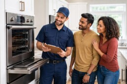 Diverse family examining modern kitchen appliances in showroom with sales associate explaining warranty options