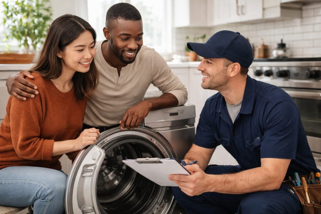 multicultural family shopping for modern kitchen appliances in a bright showroom with a sales associate assisting them