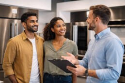 Multicultural family discussing appliance warranty options with a sales associate in a modern appliance showroom