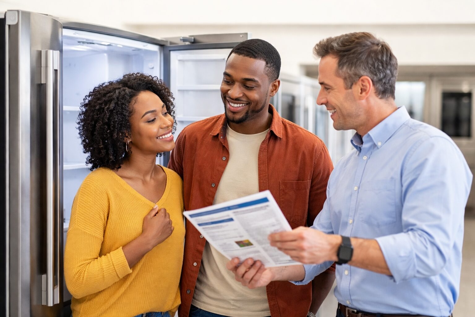 Multicultural family shopping for modern appliances in a bright showroom with a friendly sales associate assisting them