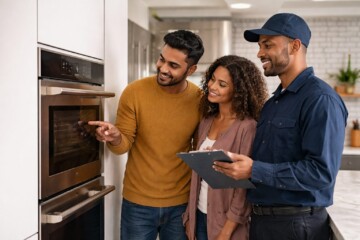 Multicultural family shopping for modern kitchen appliances in a bright showroom with a sales associate assisting them