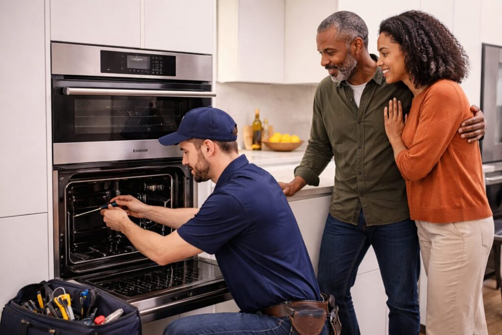 Homeowner discussing appliance warranty options with sales associate in modern kitchen showroom surrounded by Gaggenau