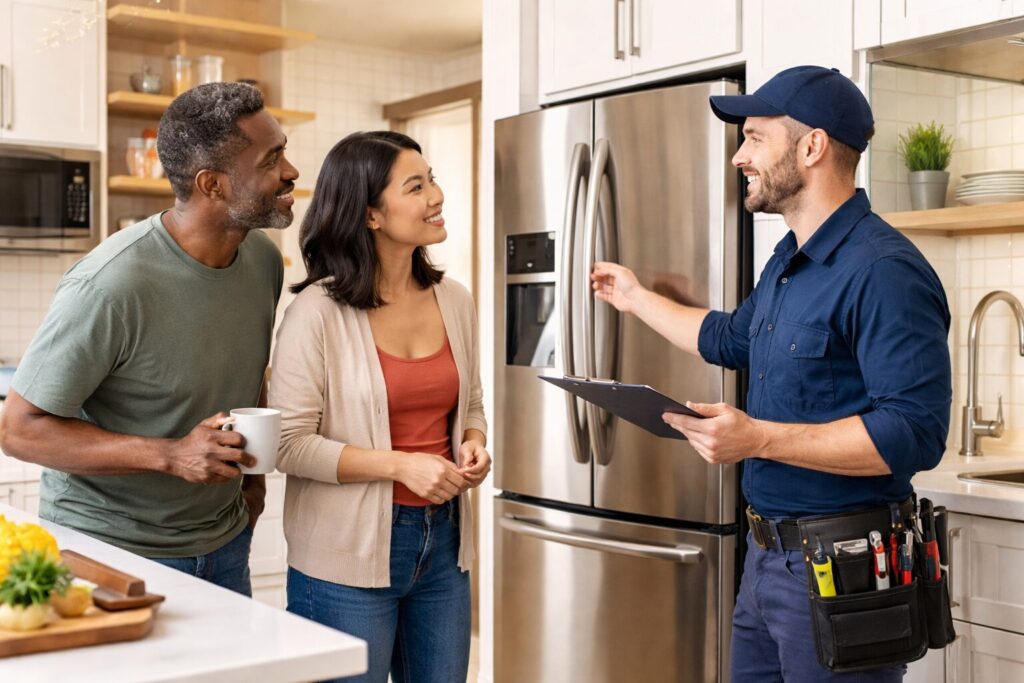 multicultural family shopping for modern kitchen appliances in a bright showroom with a sales associate assisting them