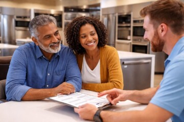 multicultural family shopping for modern kitchen appliances in a bright showroom with a sales associate assisting them