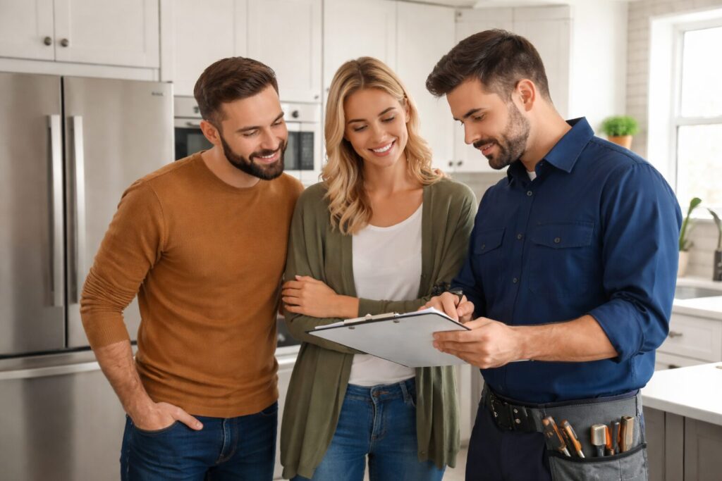couple examining a modern washing machine in a bright appliance showroom with a sales associate assisting them