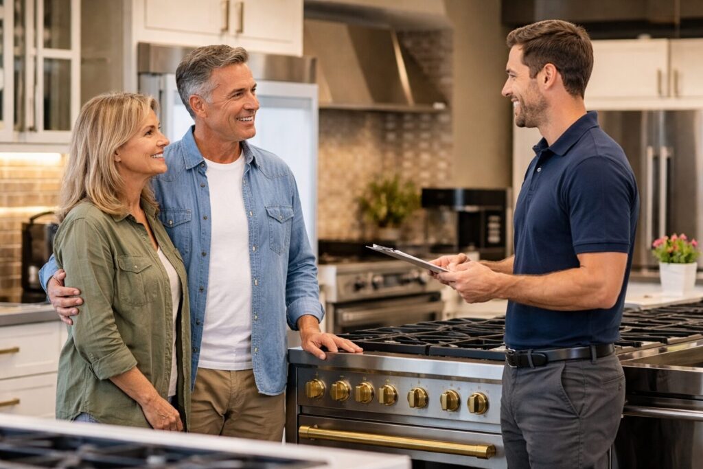 American couple discussing appliance warranty options with a sales associate in a modern appliance showroom