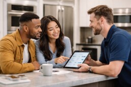 multicultural family shopping for modern kitchen appliances in a bright showroom with a sales associate assisting them