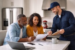 Multicultural family shopping for KitchenAid appliances in a bright modern showroom with a sales associate assisting them