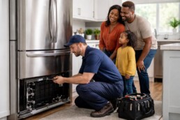 couple shopping for modern kitchen appliances in a bright showroom with a sales associate assisting them