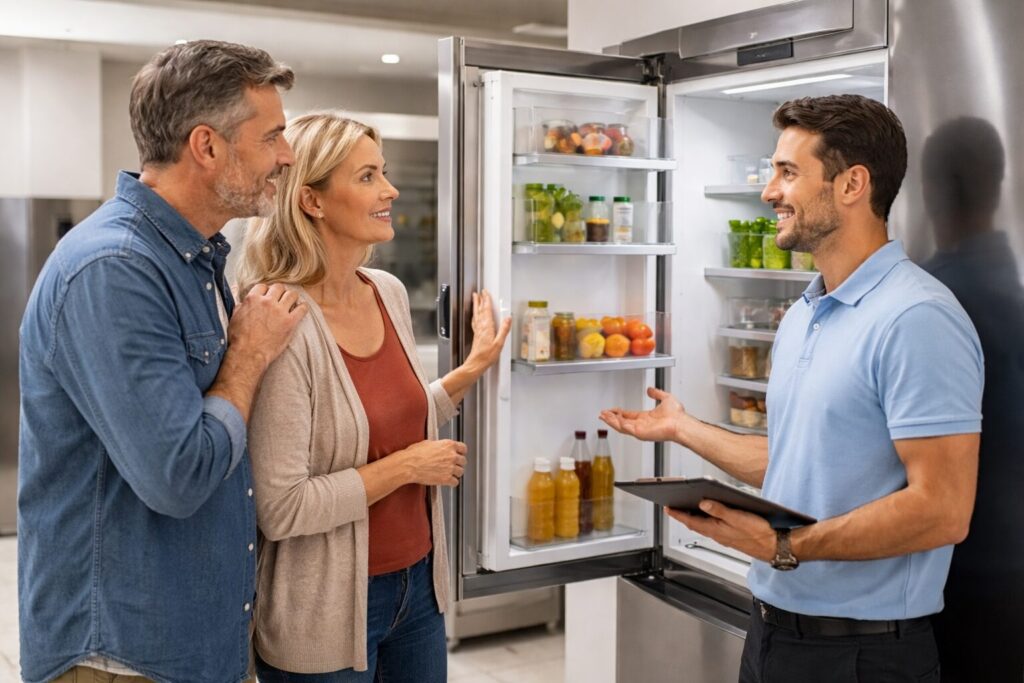 couple discussing appliance warranty options with sales associate in modern appliance showroom