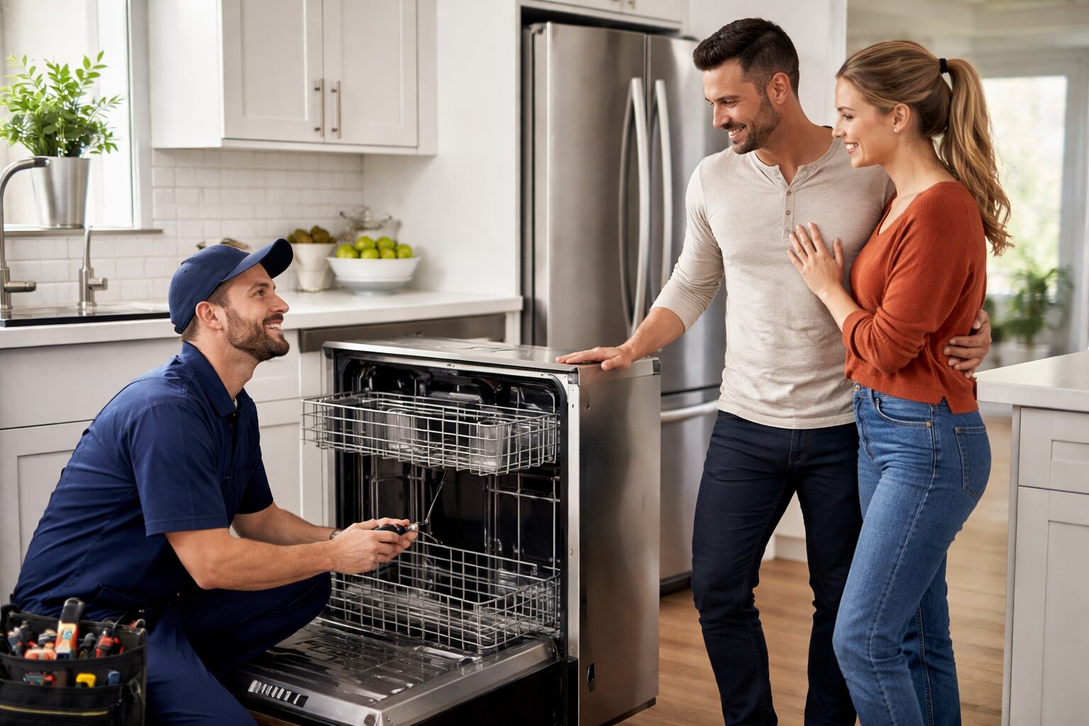 Homeowner and appliance technician discussing warranty details next to a modern Maytag washing machine in a bright laundry
