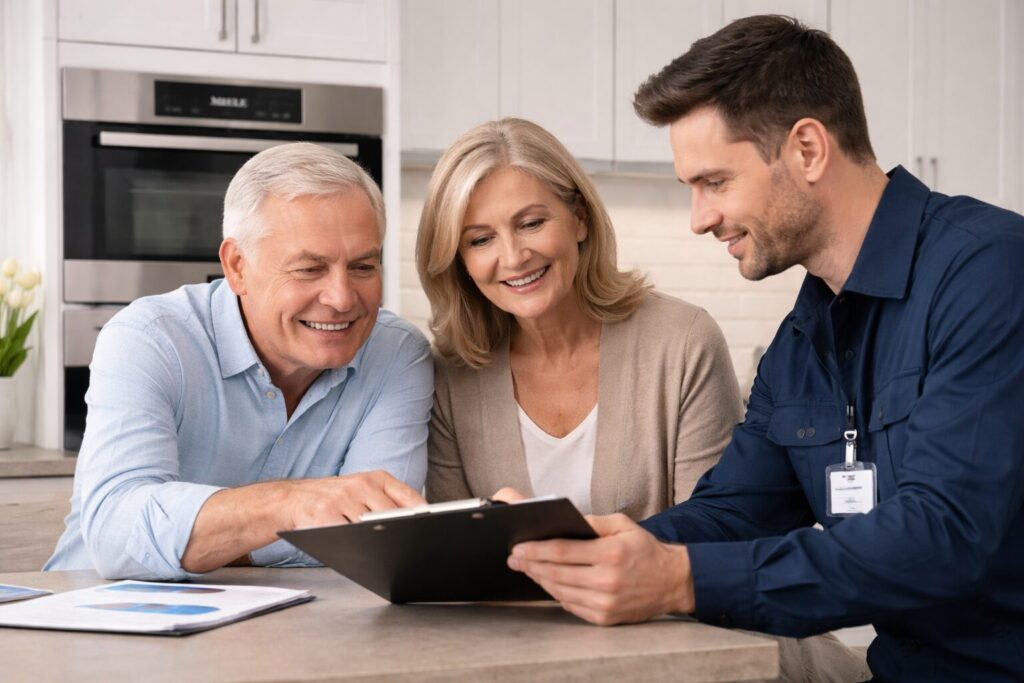 Older couple examining a modern kitchen appliance in a bright, contemporary home setting with natural interaction