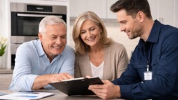 Older couple examining a modern kitchen appliance in a bright, contemporary home setting with natural interaction