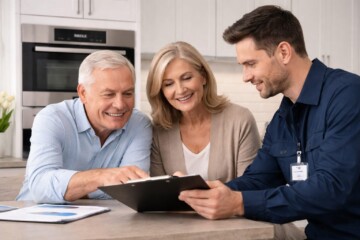 Older couple examining a modern kitchen appliance in a bright, contemporary home setting with natural interaction