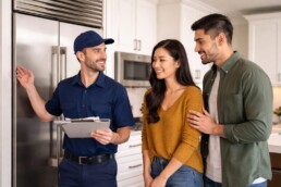 diverse group of customers and sales associates interacting in a modern appliance showroom with stainless steel appliances