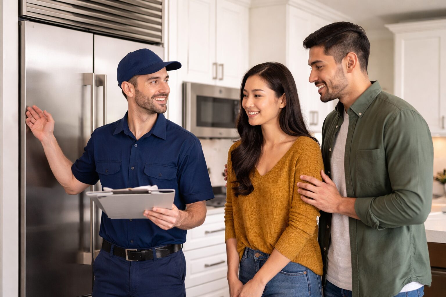 diverse group of customers and sales associates interacting in a modern appliance showroom with stainless steel appliances