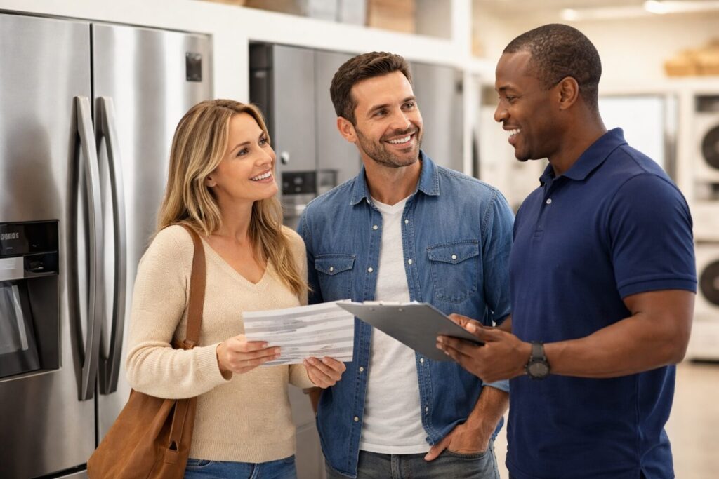 Homeowner and appliance technician discussing warranty options next to a new Samsung refrigerator in a modern kitchen