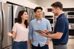 Asian couple examining modern kitchen appliances in a bright showroom with a sales associate assisting them