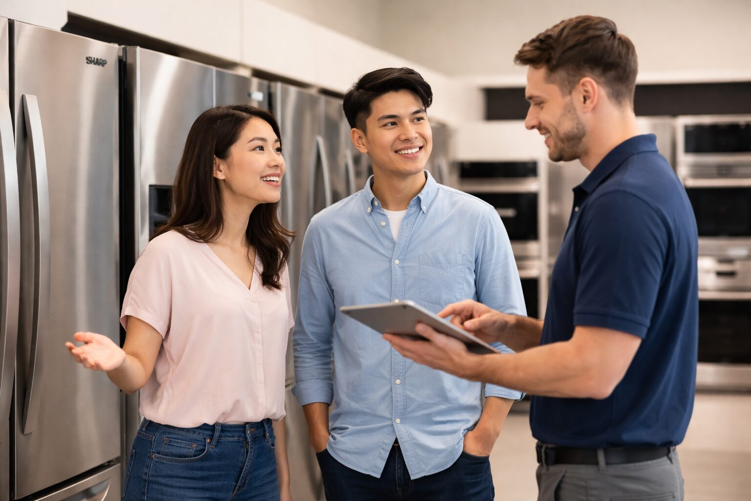 Asian couple examining modern kitchen appliances in a bright showroom with a sales associate assisting them