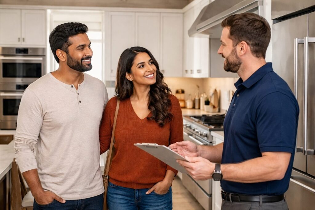 Multicultural family discussing appliance options with a sales associate in a modern showroom with premium kitchen appliances