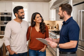 Multicultural family discussing appliance options with a sales associate in a modern showroom with premium kitchen appliances