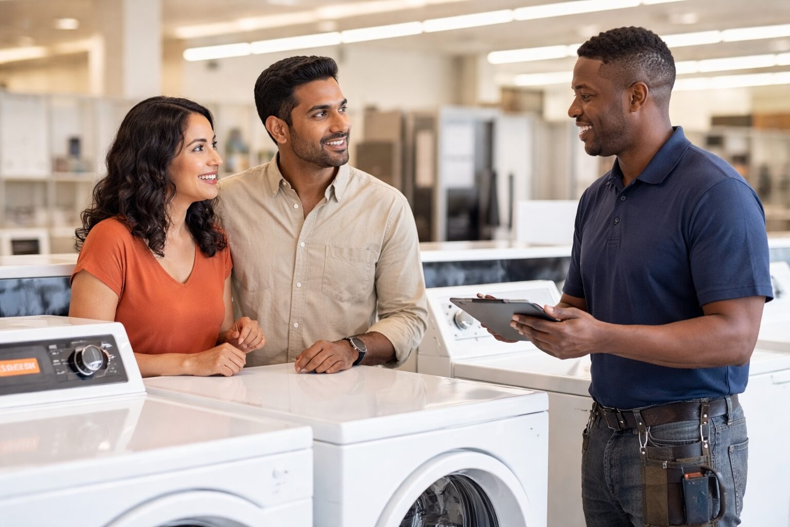 Diverse group of customers and sales associates interacting around modern appliances in a bright, busy showroom environment