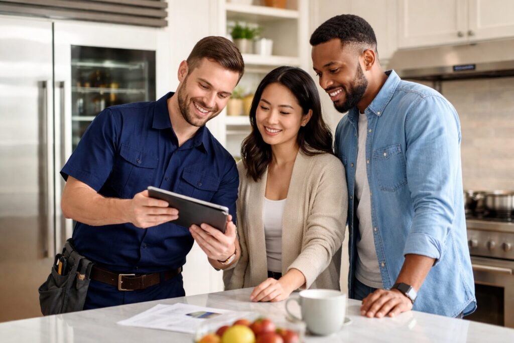 multicultural family shopping for modern kitchen appliances in a bright showroom with a sales associate assisting them