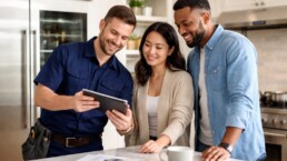 multicultural family shopping for modern kitchen appliances in a bright showroom with a sales associate assisting them