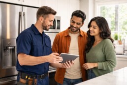 Diverse family shopping for modern kitchen appliances in a bright showroom with a friendly sales associate assisting them