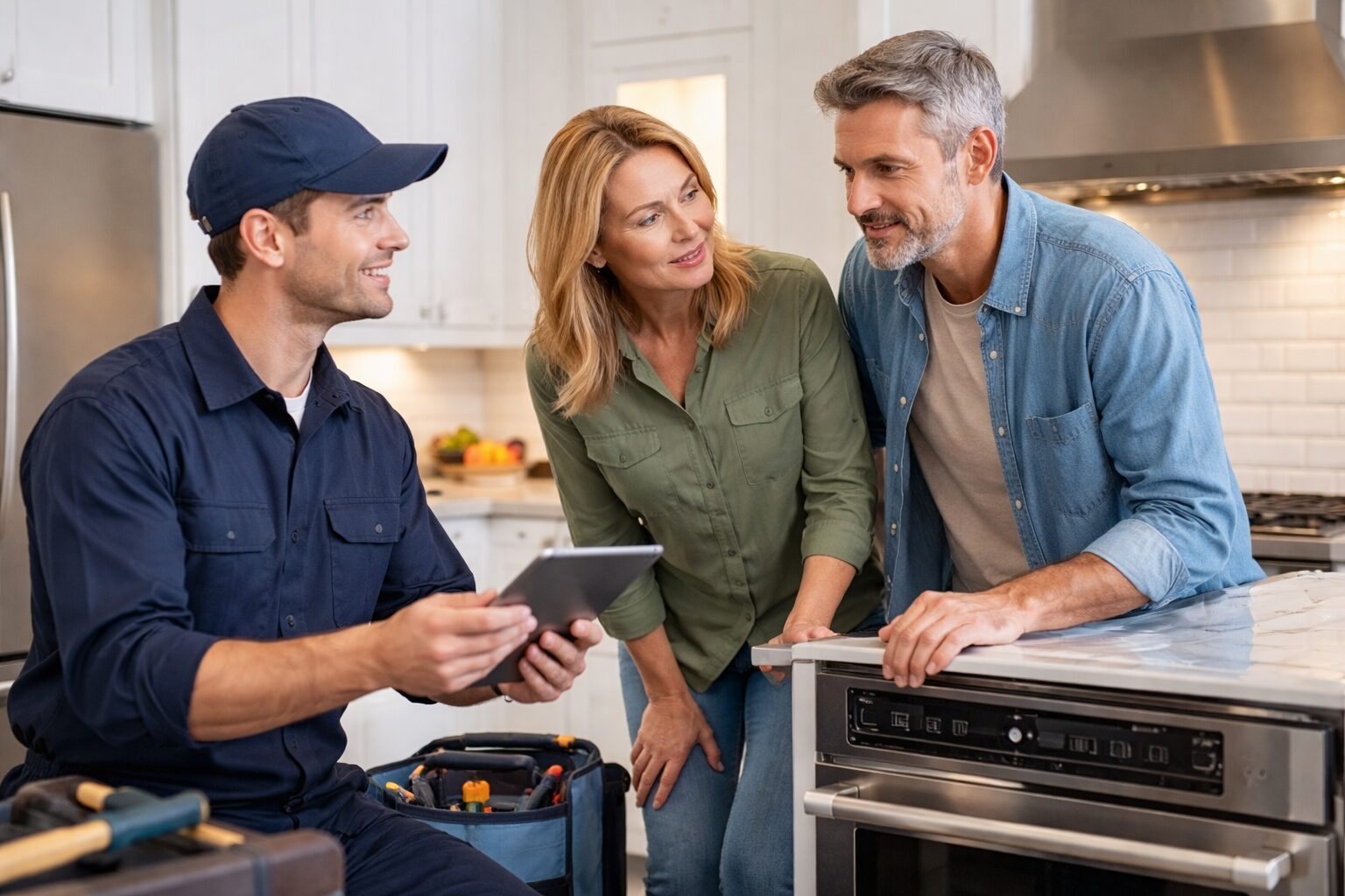 couple discussing appliance warranty options with sales associate in modern kitchen showroom