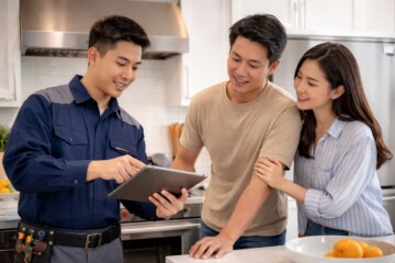 Asian couple discussing appliance options with a sales associate in a modern kitchen appliance showroom