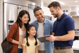 multicultural family shopping for modern kitchen appliances in a bright showroom with a sales associate assisting them
