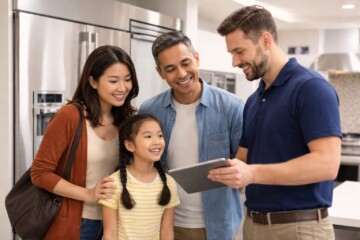 multicultural family shopping for modern kitchen appliances in a bright showroom with a sales associate assisting them