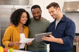 Multicultural family shopping for modern kitchen appliances in a bright showroom with a friendly sales associate assisting