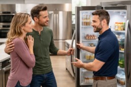 Homeowner and appliance technician discussing warranty options next to a modern Whirlpool washing machine in a bright