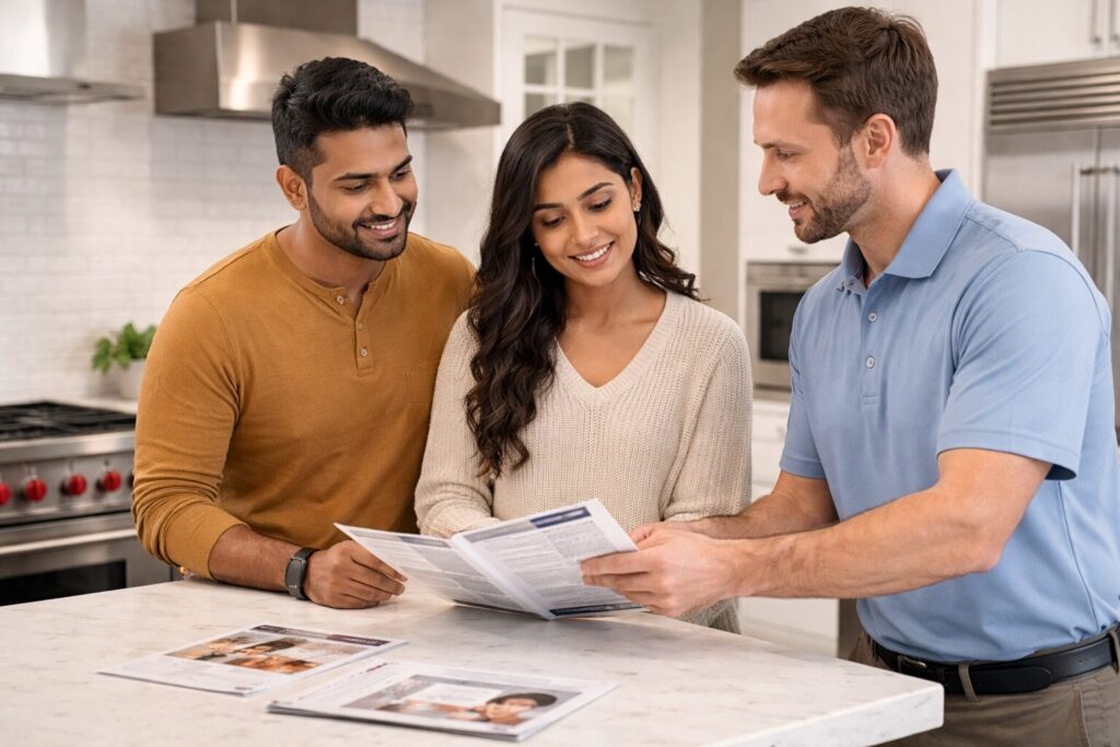 Diverse family shopping for modern kitchen appliances in a bright showroom with a sales associate assisting them