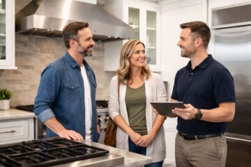 homeowner inspecting a modern kitchen appliance with a technician explaining warranty coverage options
