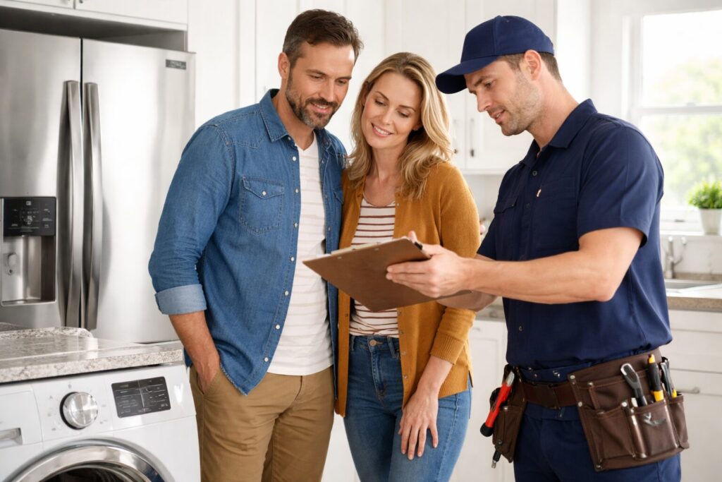 Couple examining a modern refrigerator in a bright appliance showroom with a sales associate explaining coverage options