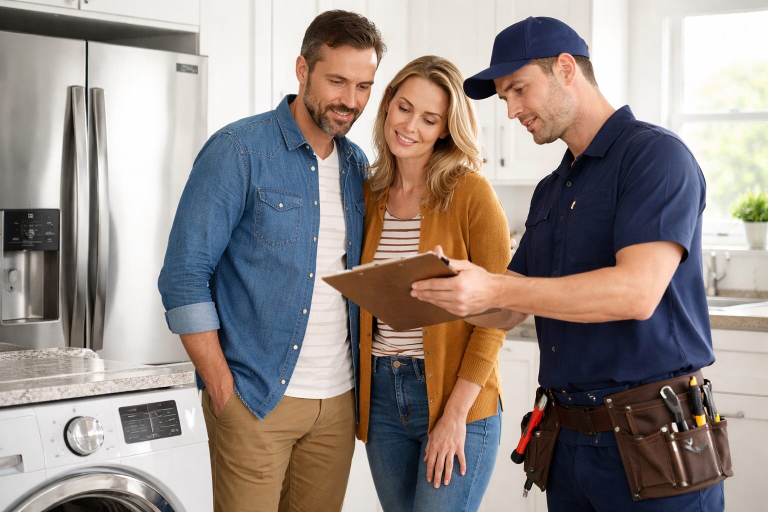 Couple examining a modern refrigerator in a bright appliance showroom with a sales associate explaining coverage options