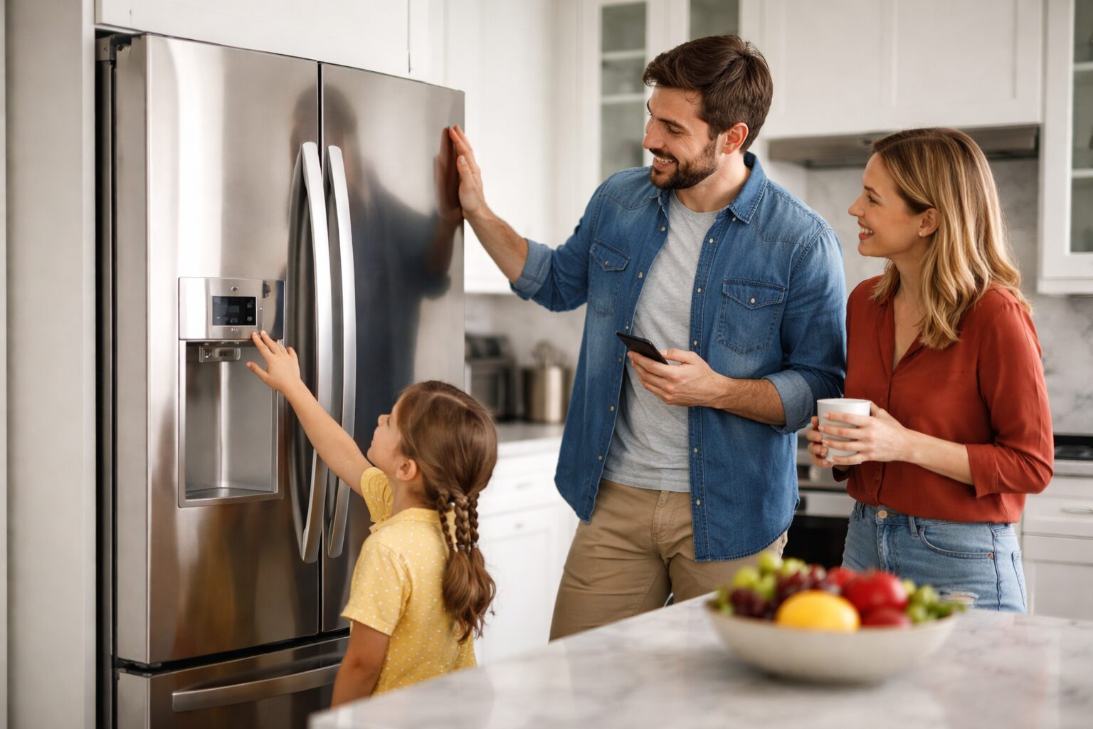 family with young child shopping for modern luxury kitchen appliances in a bright showroom