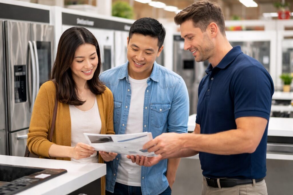 Asian couple discussing appliance protection plans with a sales associate in a modern appliance showroom