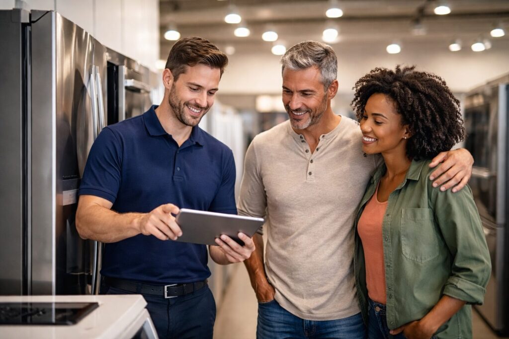 Appliance sales associate assisting a middle-aged couple in a modern showroom with warranty plan discussion