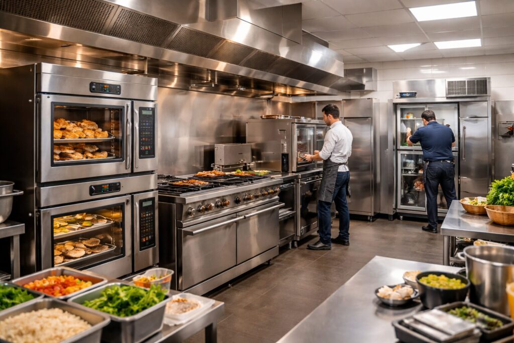 commercial kitchen with stainless steel ovens and prep stations in active restaurant environment without people